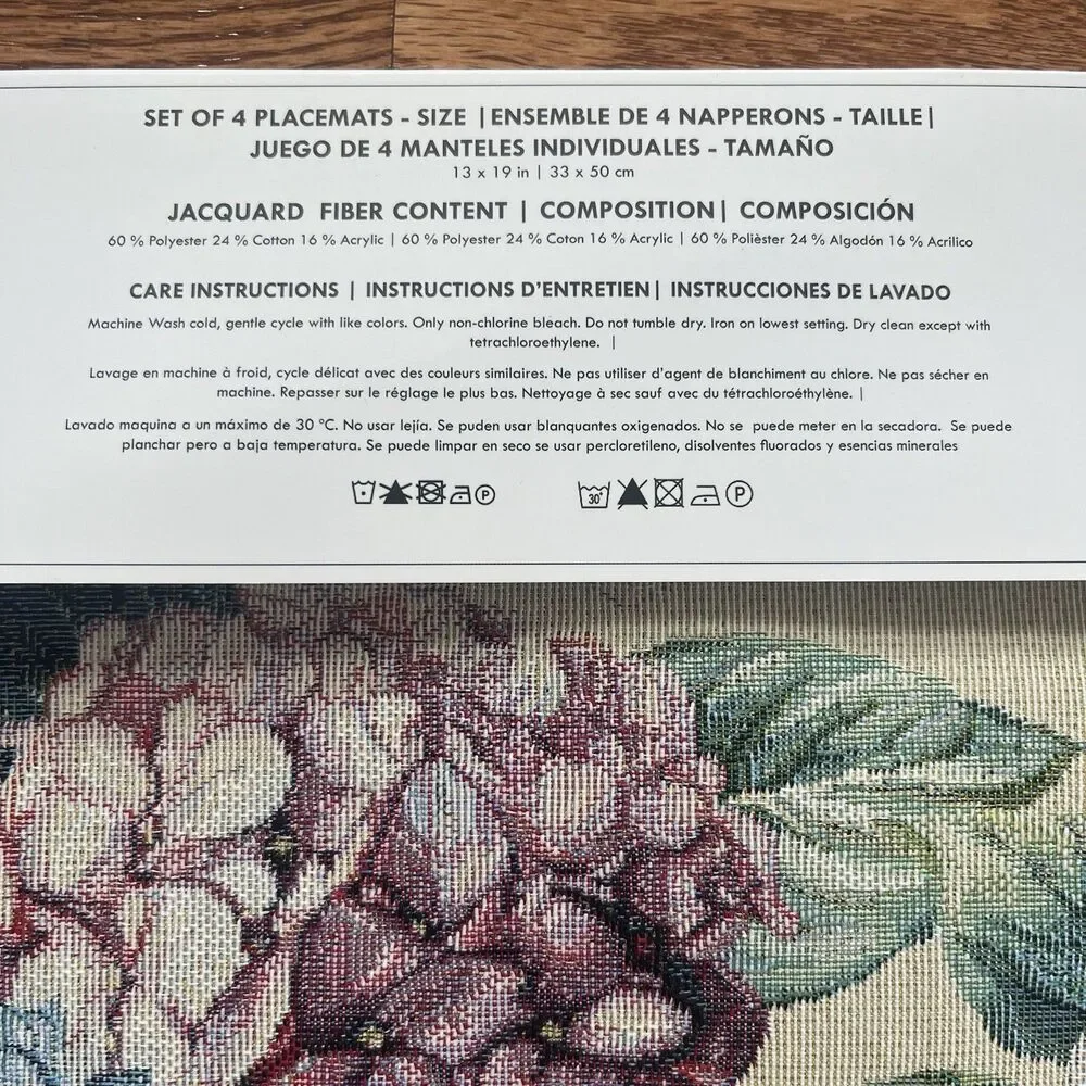 EMME Jacquard Gobelin Tapestry 4 Table Placemats Floral Hydrangea Cottage NEW
